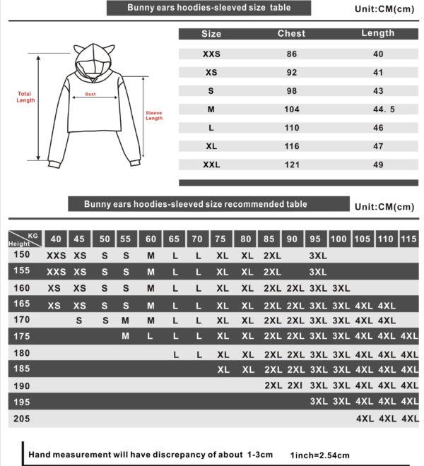 Technoblade Cat ear Hoodie size chart